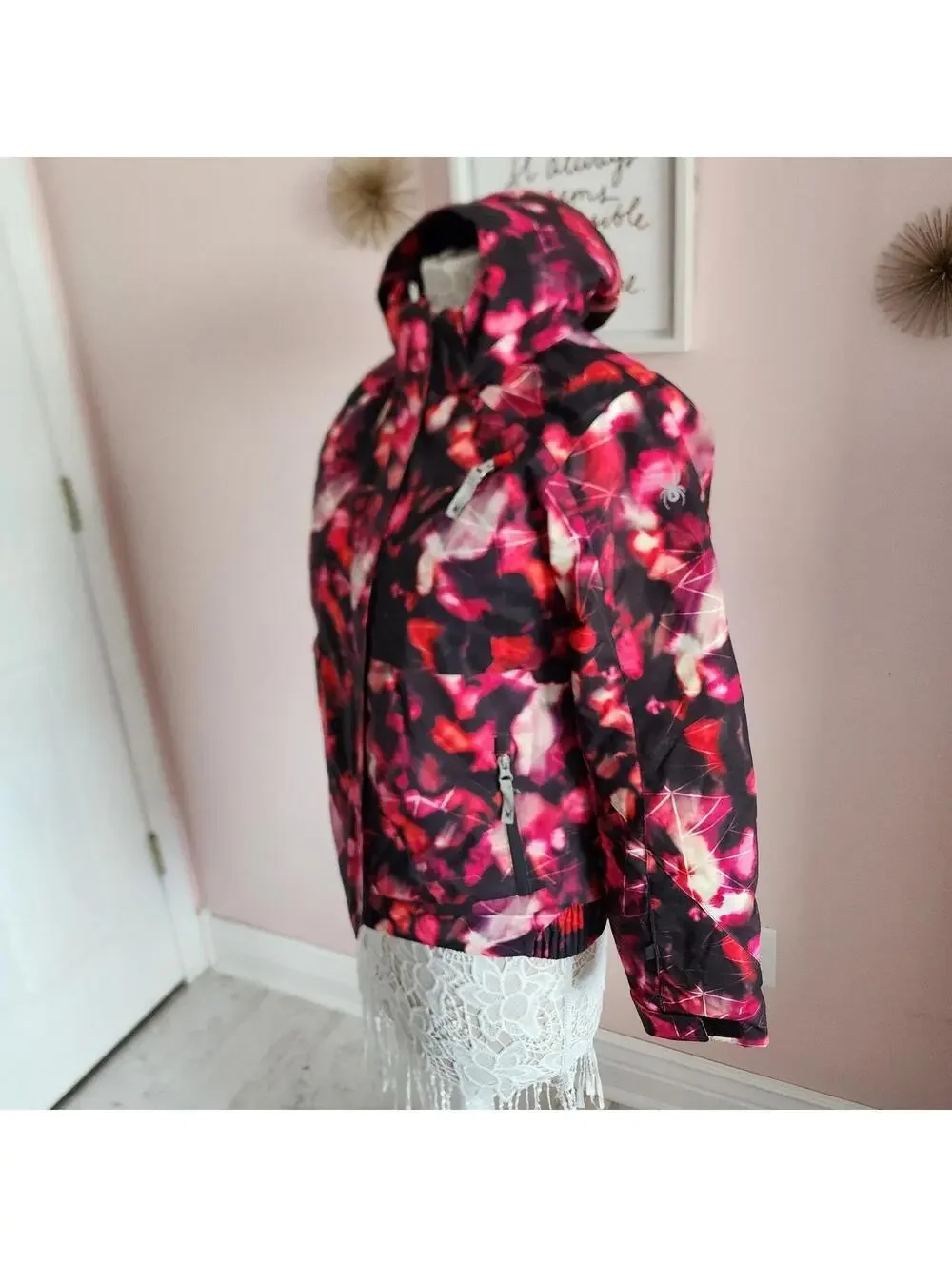 Spyder Girls Ski Jacket Size 18 Pink Purple Black Hooded Winter Coat